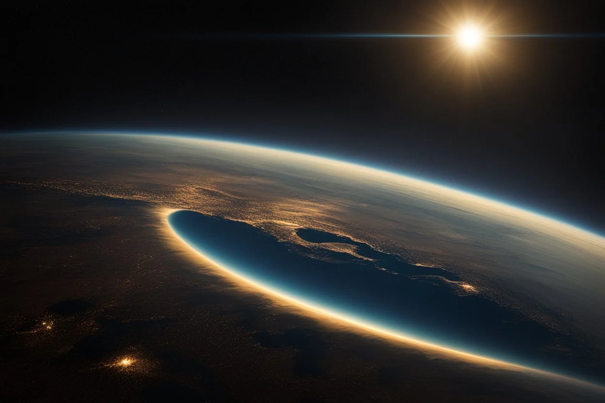 تصوير جوي للأرض من الفضاء، حيث يظهر الكوكب الأزرق الجميل في خلفية مظلمة وغامضة. تتلألأ سطح الأرض بألوانها المتعددة، ويتجلى لمحة من السحب والمحيطات. تنعكس ضوء الشمس بلطف على الجانب المضاء، مشيرةً إلى التنوع والجمال الذي تحمله هذه الكوكبة المعجزة.