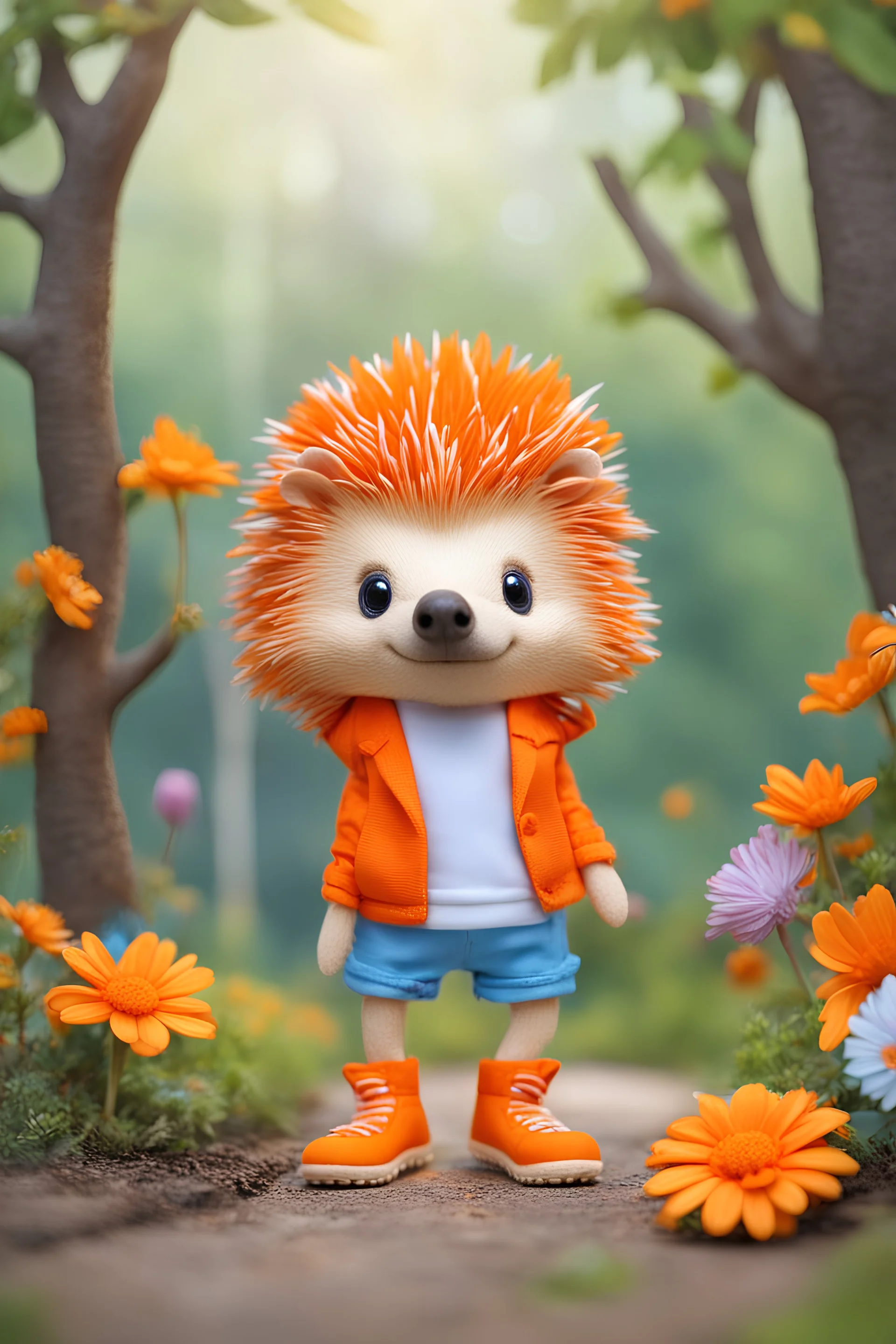 fabric toy orange hedgehog in Crocs, funny pants, mohawk, clearing, trees, flowers in the background, cartoon style