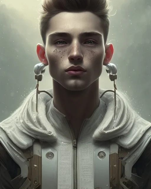 male, boy, cute, young, brown hair, brown eyes, freckles,, head and shoulders portrait, 8k resolution concept art portrait by Greg Rutkowski, Artgerm, WLOP, dynamic lighting hyperdetailed intricately detailed Splash art trending on Artstation triadic colors