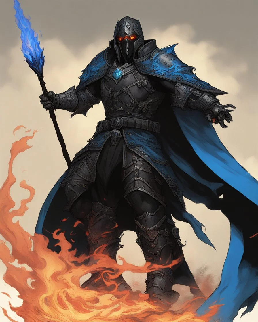 A commander with a matte black combat helmet and eyes with bright blue flaming pupils, a black cape and a long coat with long combat boots and a long, sharp and fiery spear and with his helmet under his cape and two blue flames instead of eyes