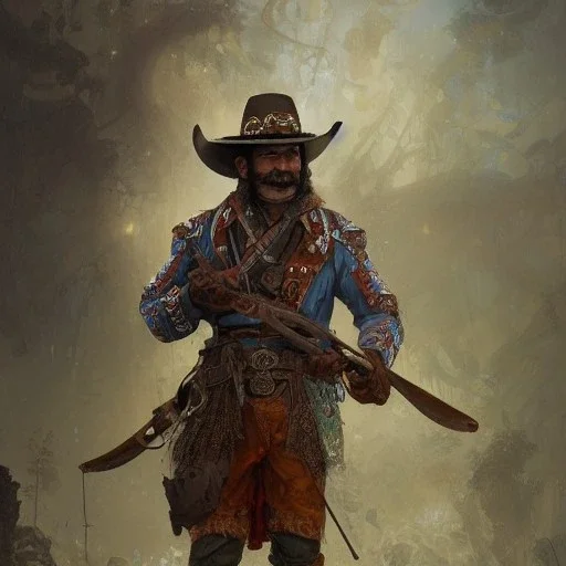 Insanely detailed photograph of an “ a mustachioed cowboy warrior "with sequenceed Sombrero, handsome charo,cigar,crossbow in hand, hyperdetailed painting by Ismail Inceoglu Huang Guangjian and Dan Witz CGSociety ZBrush Central fantasy art album cover art,8K, hdr, mysterious, flickeringlights ,Stoic