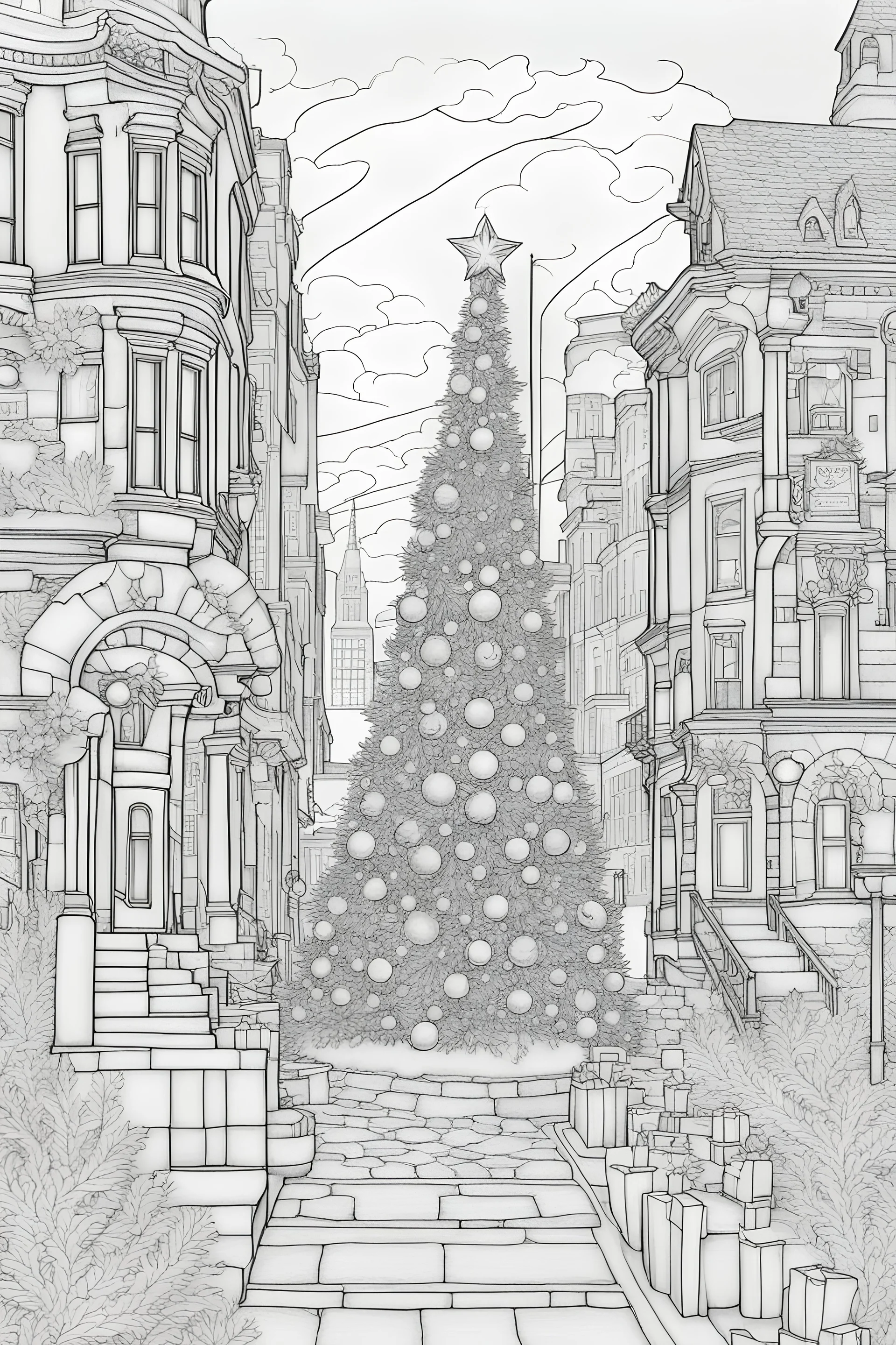 adult coloring pages, Christmas city, black and white , clear lines -- ar 9:11