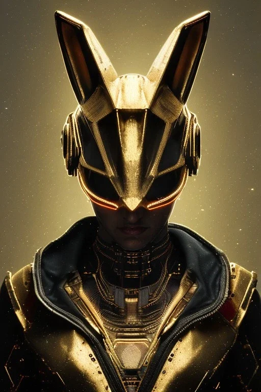 Medium Close Up Portrait, Front image. cyberpunk, rabbit mask, teenager, blonde woman, cyber helmet head. Gold dress. Black, pink, color. Steampunk style. renaissance ornaments, Color background, photo studio. Front image, highly detailed, concept art, smooth, unreal engine 5, ray tracing, RTX, lumen lighting, ultra detail, volumetric lighting, 3d, finely drawn, high definition, high resolution.