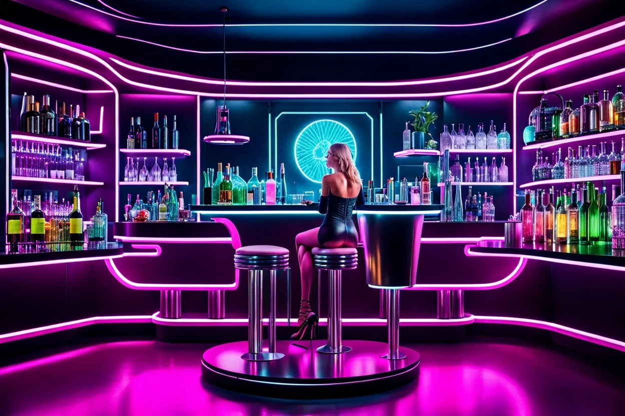 a chic and stylish fashionable lady sitting on tall barstool at an exteme futuristic bar, viewed from the back. On the counter in front of she stands a cocktail, neon lights. The bar backdrop features rows of bottles and glasses on shelves and in vitrines. the elegante barman make a coctail, high detalied, high realistic, professional photo