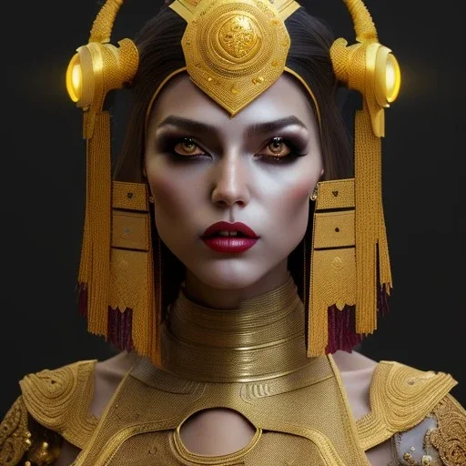 Arabian woman, rounded face, blood, black, gold, brown, samurai helmet, decorative color feathers, retro, bamboo, leather, soft color, highly detailed, art stations, concept art, smooth, unreal engine 5, god rays, ray tracing, RTX, lumen lighting, ultra detail, volumetric lighting, 3d, finely drawn, high definition, high resolution.