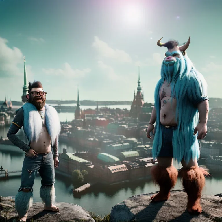 full body photography of hipster troll, theme art, light happy atmosphere, 8K, clouds and sun, ignore NSFW, full body image, Stockholm in the background