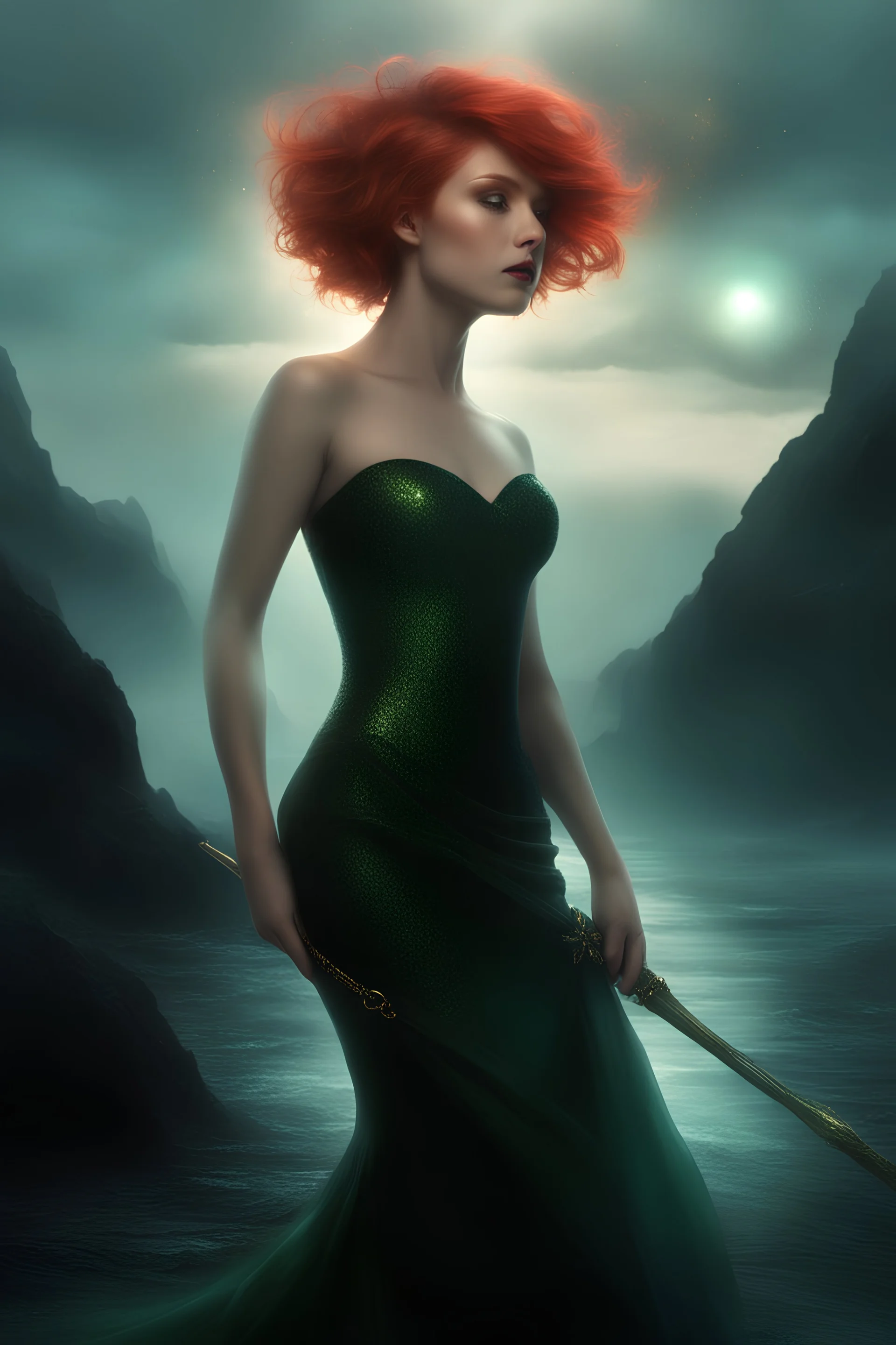 3D Bubbles, Floating hearts with an electrical current, fog, clouds, somber, ghostly mountain peaks, a flowing river of volcanic Lava, fireflies, a totally gorgeous woman with short, buzz-cut, pixie-cut red hair tapered on the sides, green eyes, wearing a black, sinister, mermaid dress carrying the sword "EXCALIBUR" --- "Nimue, The Lady of The Lake"