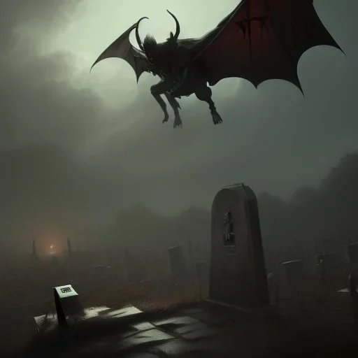 franz frazetta style, demon near cemetery, bat wing