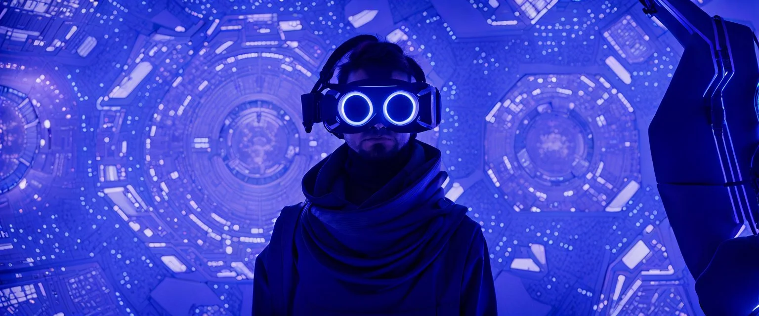 A prodigy in cyber-navigations, Terra Byte uses their unique skills to manipulate digital space and create virtual ecosystems that serve as sanctuaries from the harsh cyberpunk reality. Draped in garments seamlessly integrated with camouflage tech, and goggles perpetually projecting data streams before his eyes, imperfection, natural lighting, cinematic, Fuji Film, Anamorphic lens, 2040s, deep depth of field, Solarpunk