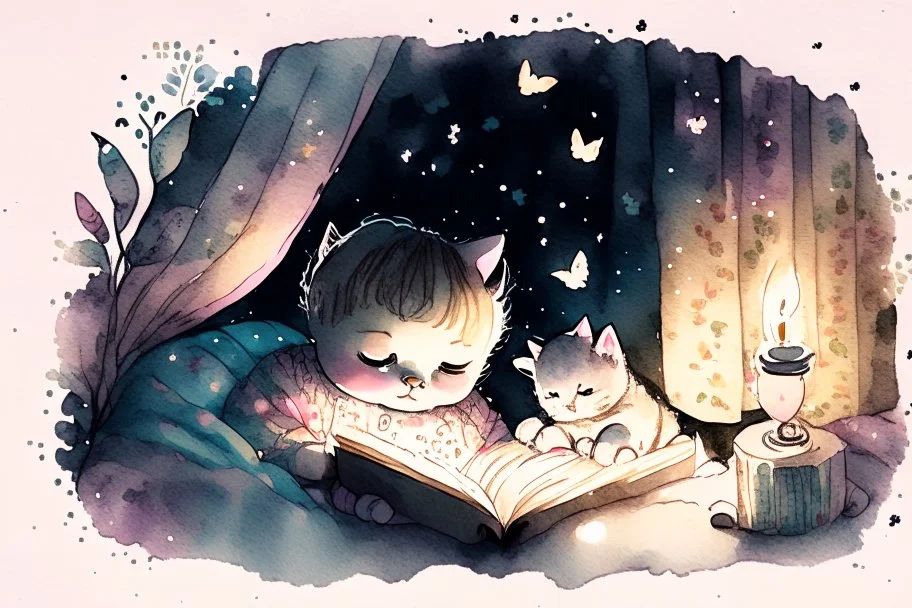 cute chibi cat mother reads a fairytale book to his baby kitten in a bed, flower tapestry, in a bedroom in candlelight, S<AI, watercolor and black ink outlines, soft, shading strokes, light pastel colors, ethereal, cinematic postprocessing, bokeh, dof