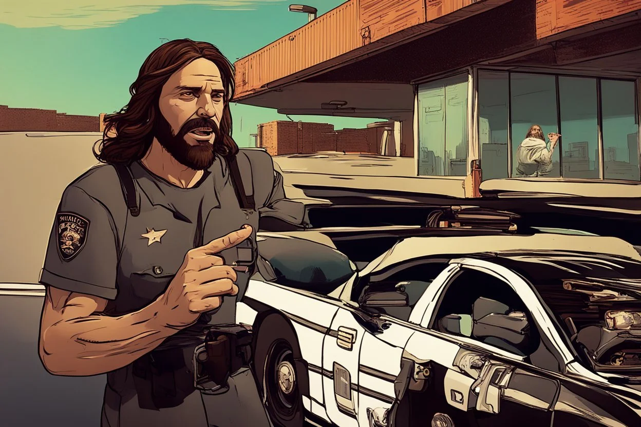 4k full realism, full details, full lights, Jesus se fait arrêter par la police pour excès de vitesse