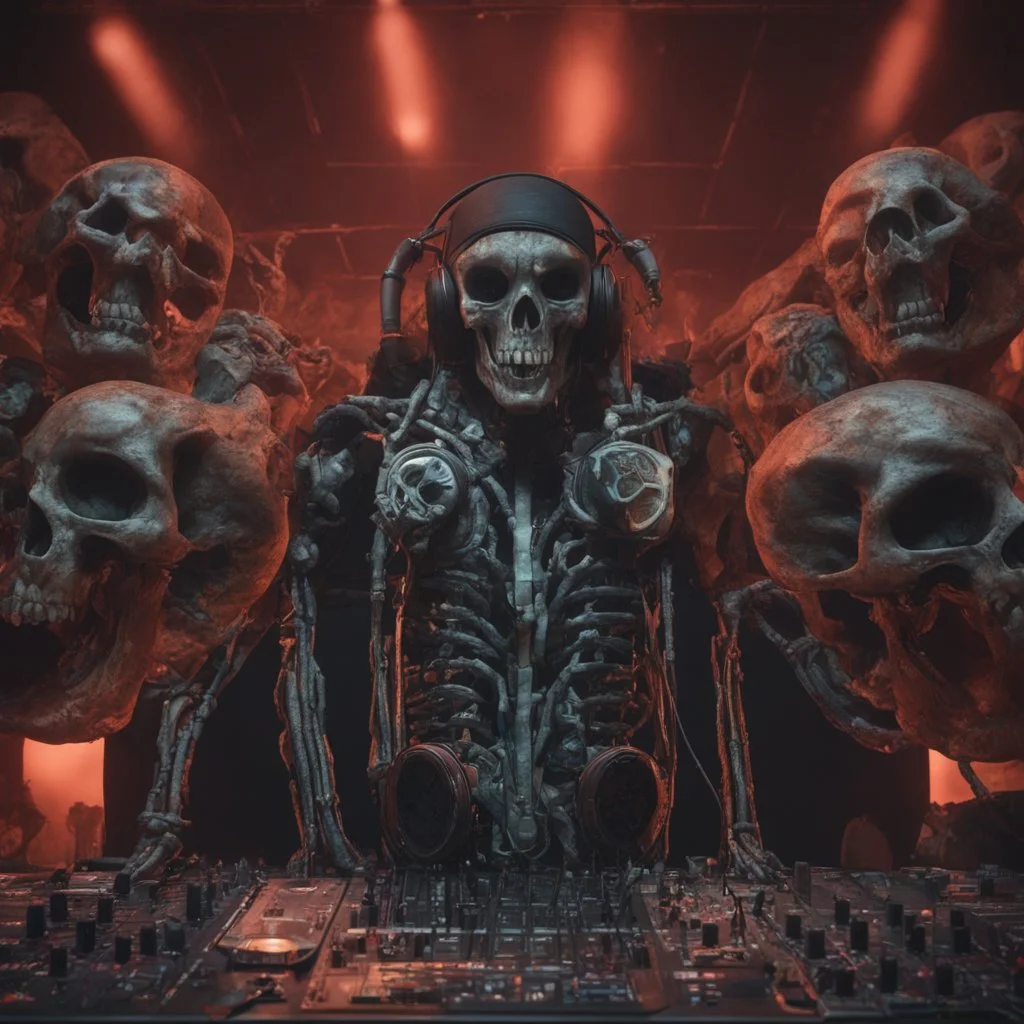 DJ of the damnded, insanely detailed DJ booth in hell, MID set, speakers and equipment made of bone, anatomically correct, add more skulls in th audience, photorealism, vray, 8k 3d