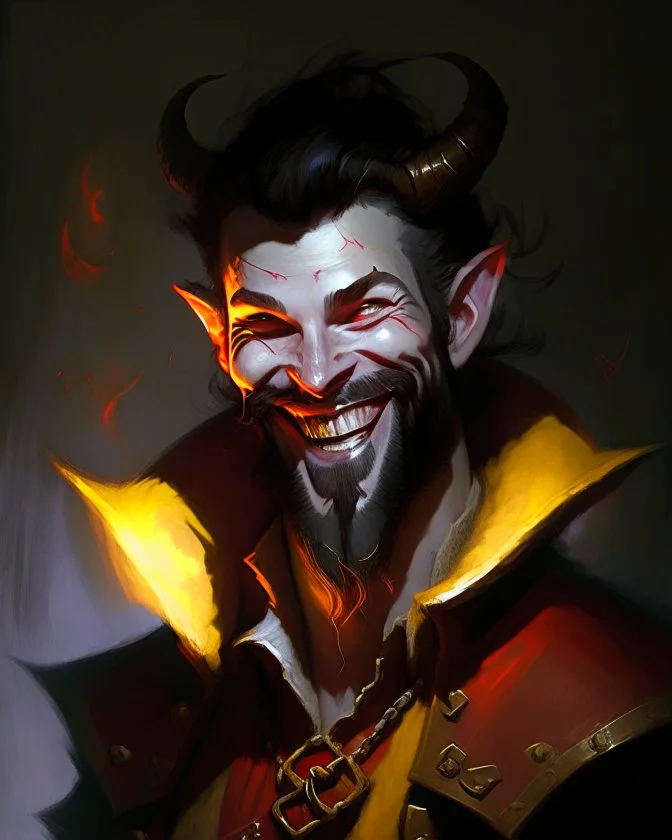 Full Portrait, Humanoid male, demonic tiefling, pirate scoundrel, happy smiling, red coat, pale gray skin, yellow eyes, black hair, black beard, short beard goatee, gunslinger, mood lighting dark, underground, ray of light