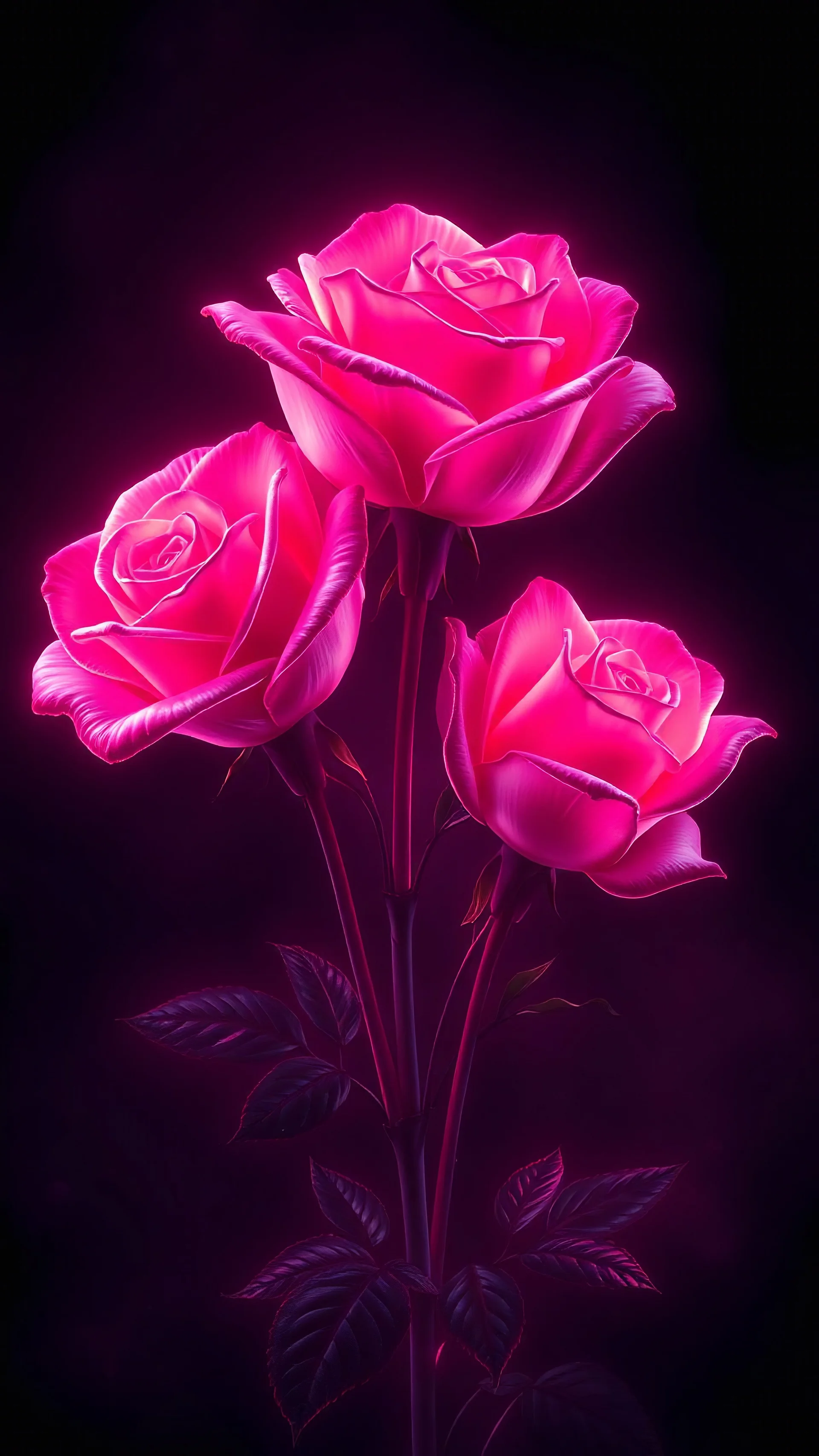 Neon nature digital painting of glowing roses with a deep black background