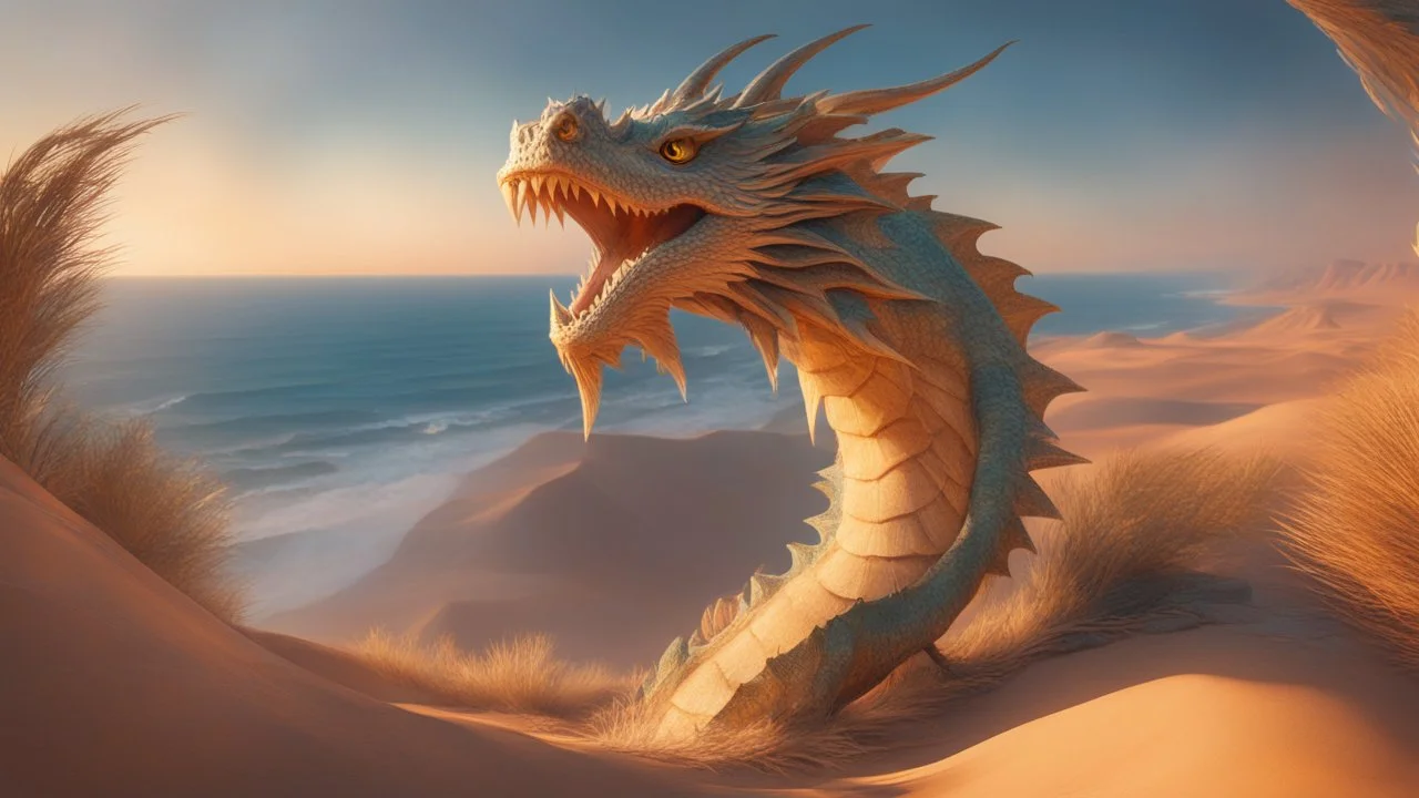 the coast of a desert seen from the top of a dune. a serene dragon looking at the ocean. fantasy, cinematic lighting, hyper realisme, Hyperrealistic, splash art, concept art, mid shot, intricately detailed, color depth, dramatic, 2/3 face angle, side light, colorful background