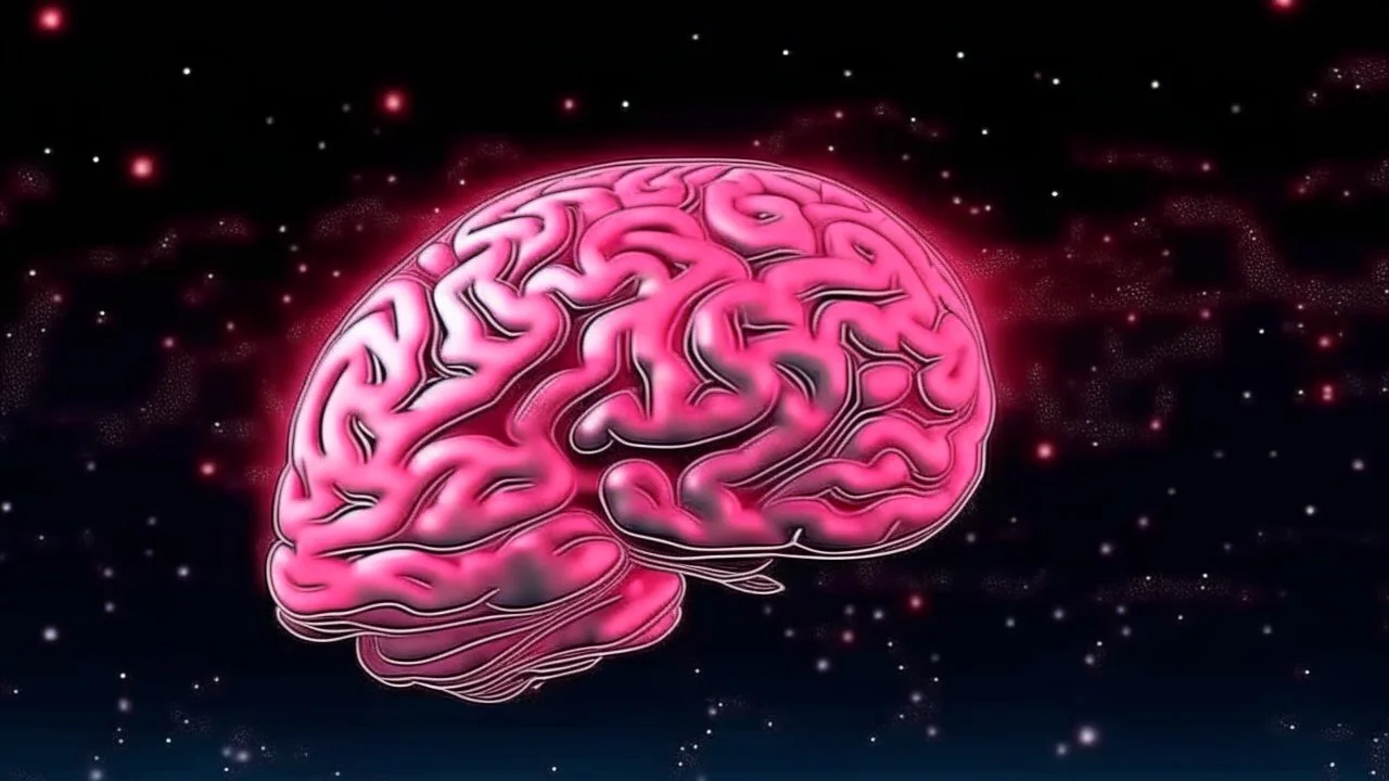 Comic style, bare transparent pink human brain flying trough the universe, background galaxy's