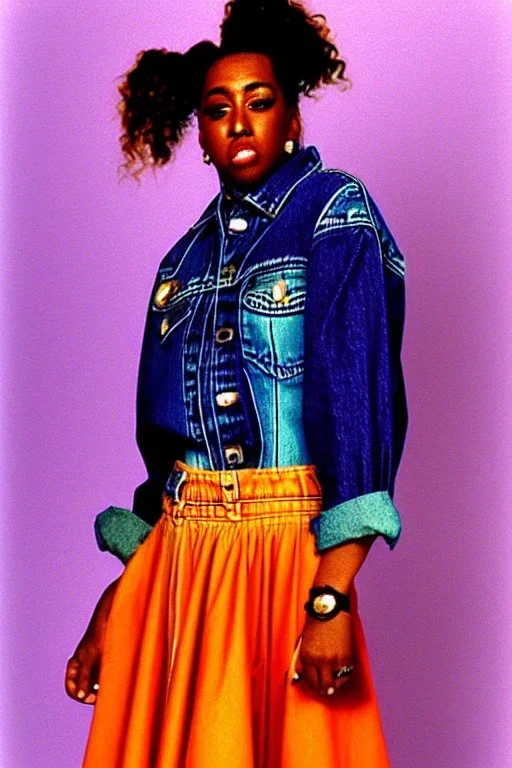 year 1996 denim fashion. Loose skirt, low waist. Colors: denim blue, blue, purple, cream, khaki, light green, lilac, plum, orange, terracotta, red, light yellow, pink, dark blue, beige. Cheetah pattern. Gwen Stephani, Missy Elliot, Shirley Manson.