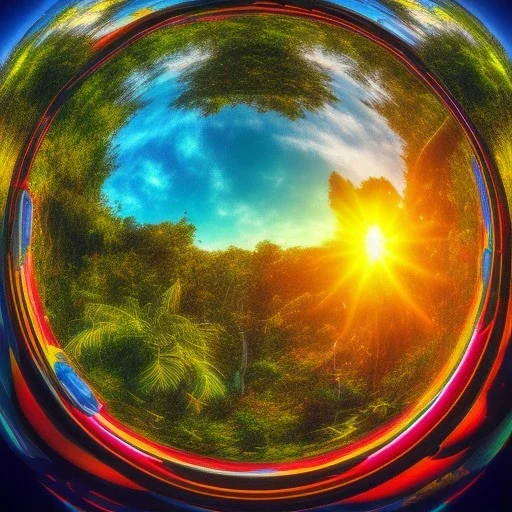 Sunset in a dense lush tropical jungle with lawn chairs, blue red and yellow. Warped. Fisheye. Bokeh. Psychedelic.