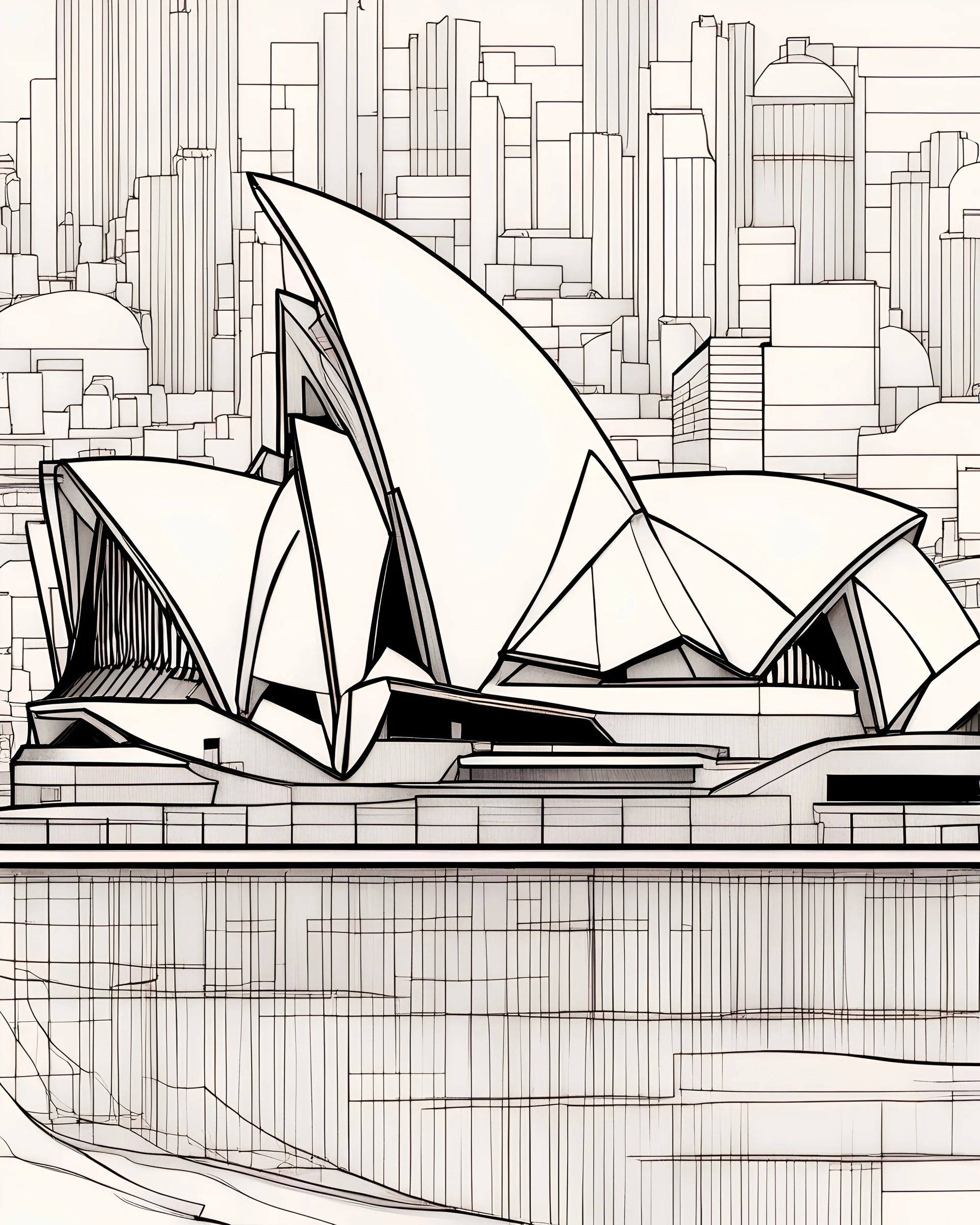 a coloring page, depicting the Sydney opera house, black and white, line art, outline, highly defined lines,