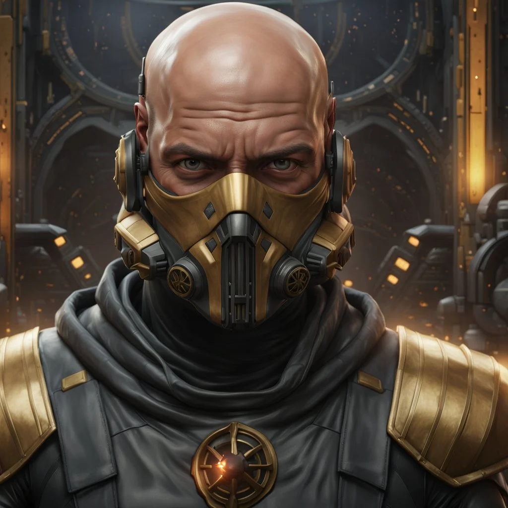 star wars bald male corellian pilot wearing pearlescent black and gunmetal grey First Order special forces heavy assault stealth commando armor and helmet with gold trim inside the jedi temple, hyperdetailed, dynamic lighting, hyperdetailed background, 8k resolution, volumetric lighting, light skin, fully symmetric details