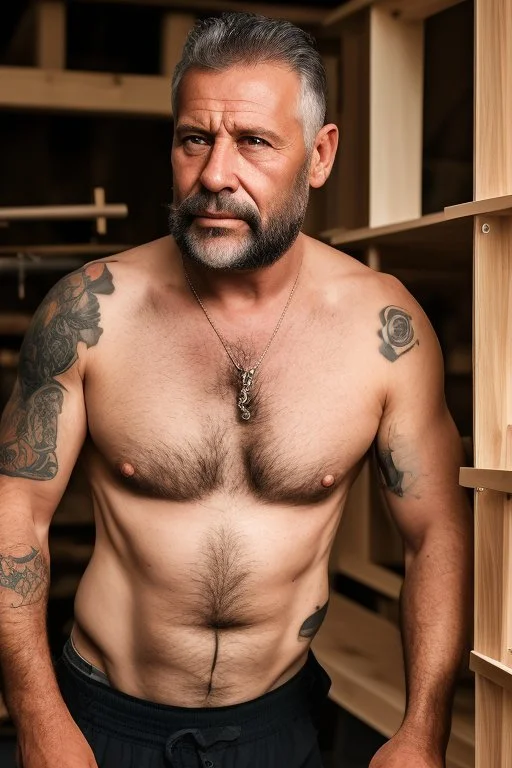 man 50 years old muscular chubby italian carpenter, in tank top , manly chest, tattoo, short beard, with overalls, in a wood shop, 35mm lens, photorealistic , side light