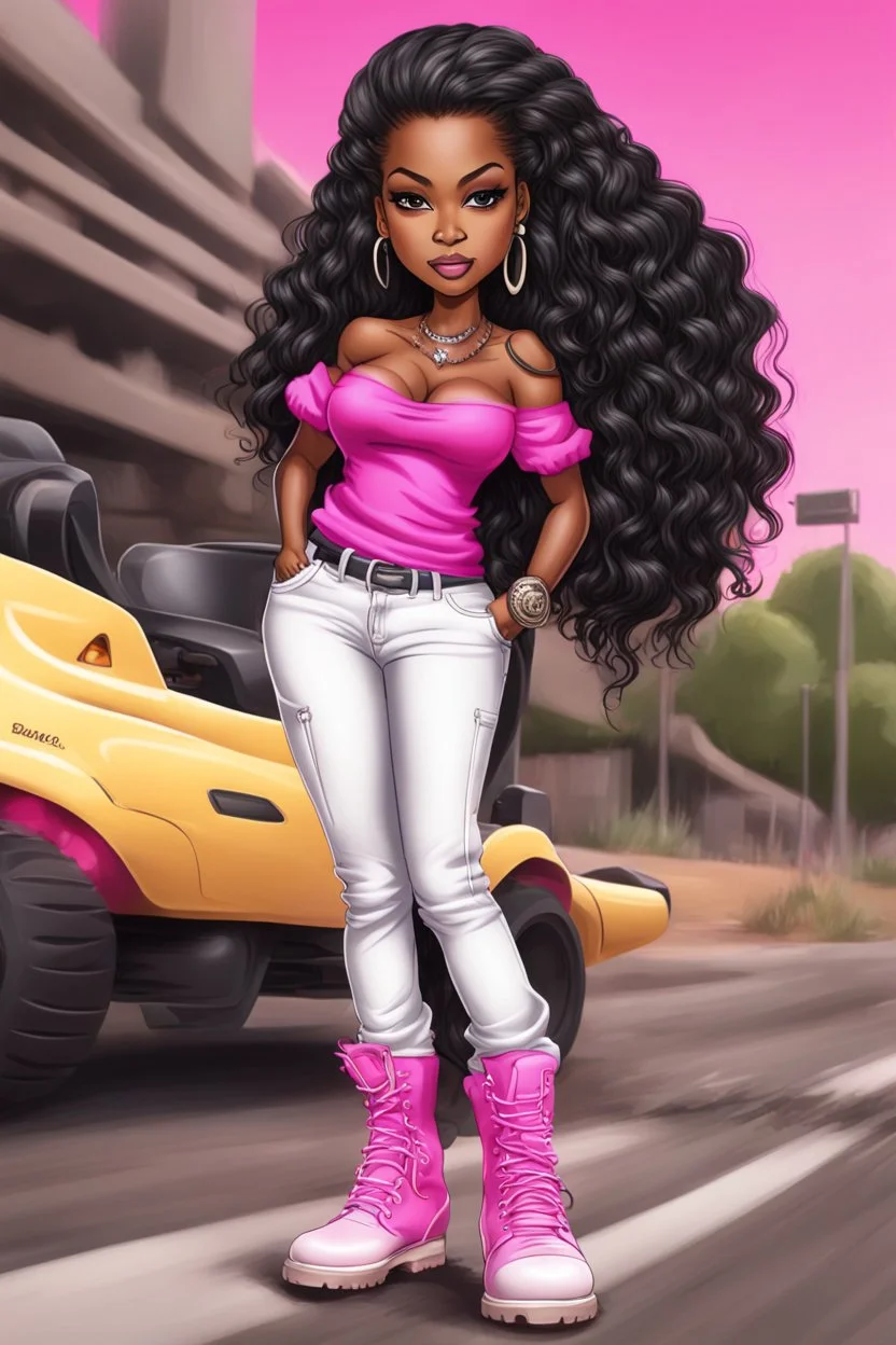 Create a digital airbrush cartoon of a curvy African American chibi female wearing tight white jeans and a off the shoulder hot pink blouse. She is also wearing timberland boots. Prominent make up with hazel eyes. Highly detailed very long extremely braids of black hair. Her skin is smooth and silky. Background of a track of ATV riders.