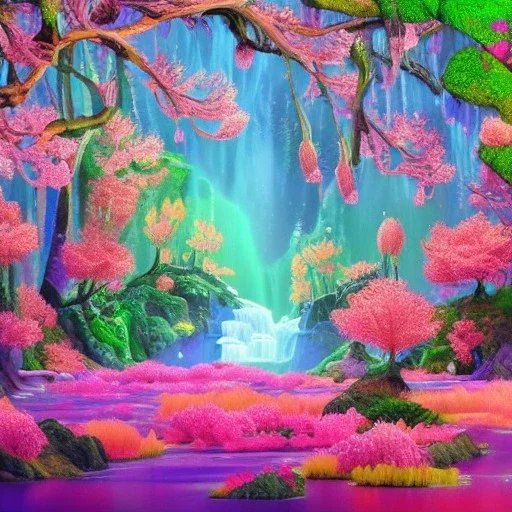 bright enchanted forest, blue lake,delicate flowers, pink tree, Swarosvsky crystals, cascades, full of details, smooth, bright sunshine，soft light atmosphere, light effect，vaporwave colorful, fantasy art, smooth, extremely sharp detail, finely tuned detail, ultra high definition, 8 k, unreal engine 5, ultra sharp focus