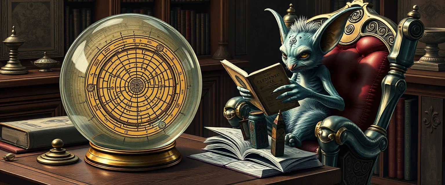 map of labyrinth contained in a glass ball with elemental sigils and symbols on a table beside a book called Rotten Riddles Age with weird illustrations, being read by an fluffy imp gremlin druid librarian in a cyber punk rockin chair in the style of Giger and Escher