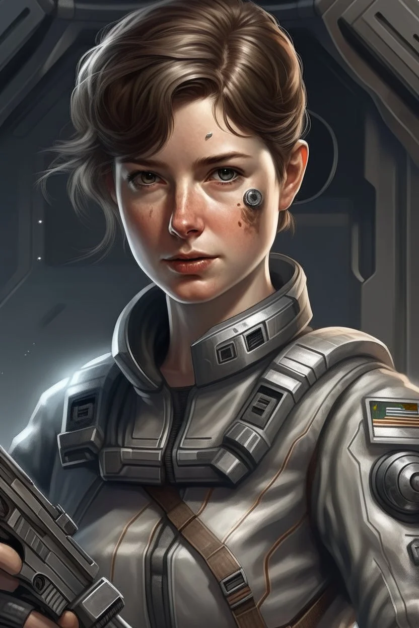 A young space warrior woman with freckles and short brown hair, wearing a silver jumpsuit and holding a pair of energy pistols