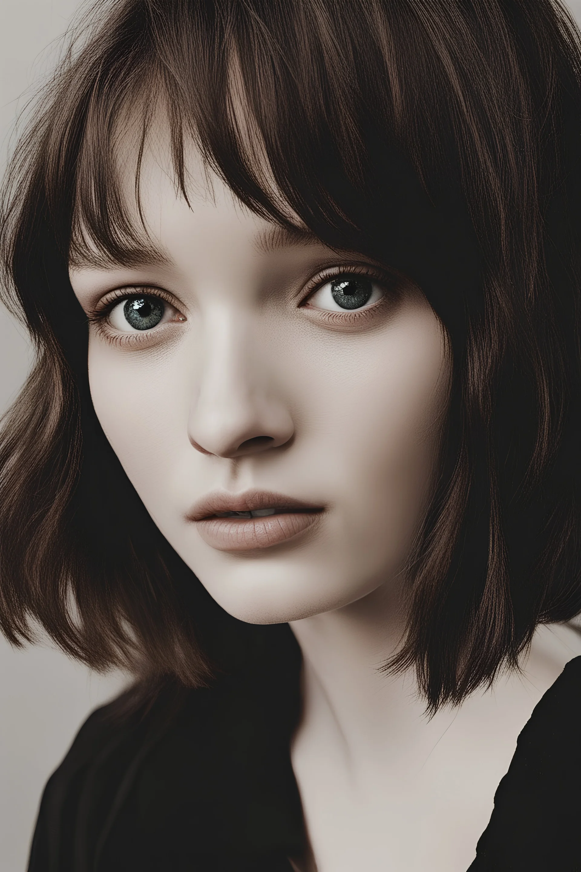 A selfie of a brunette woman with a round face, short hair, and narrow eyes who resembles Emily Browning