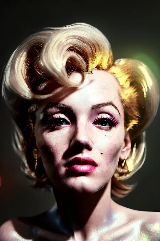 Ultra Realistic image, portrait, blonde woman, sweet Marylin Monroe face, perfect iris, glow eyes, gold makeup. Cyberpunk style, latex coat, fog, rain, soft color, highly detailed, unreal engine 5, ray tracing, RTX, lumen lighting, ultra detail, volumetric lighting, 3d, finely drawn, high definition, high resolution.