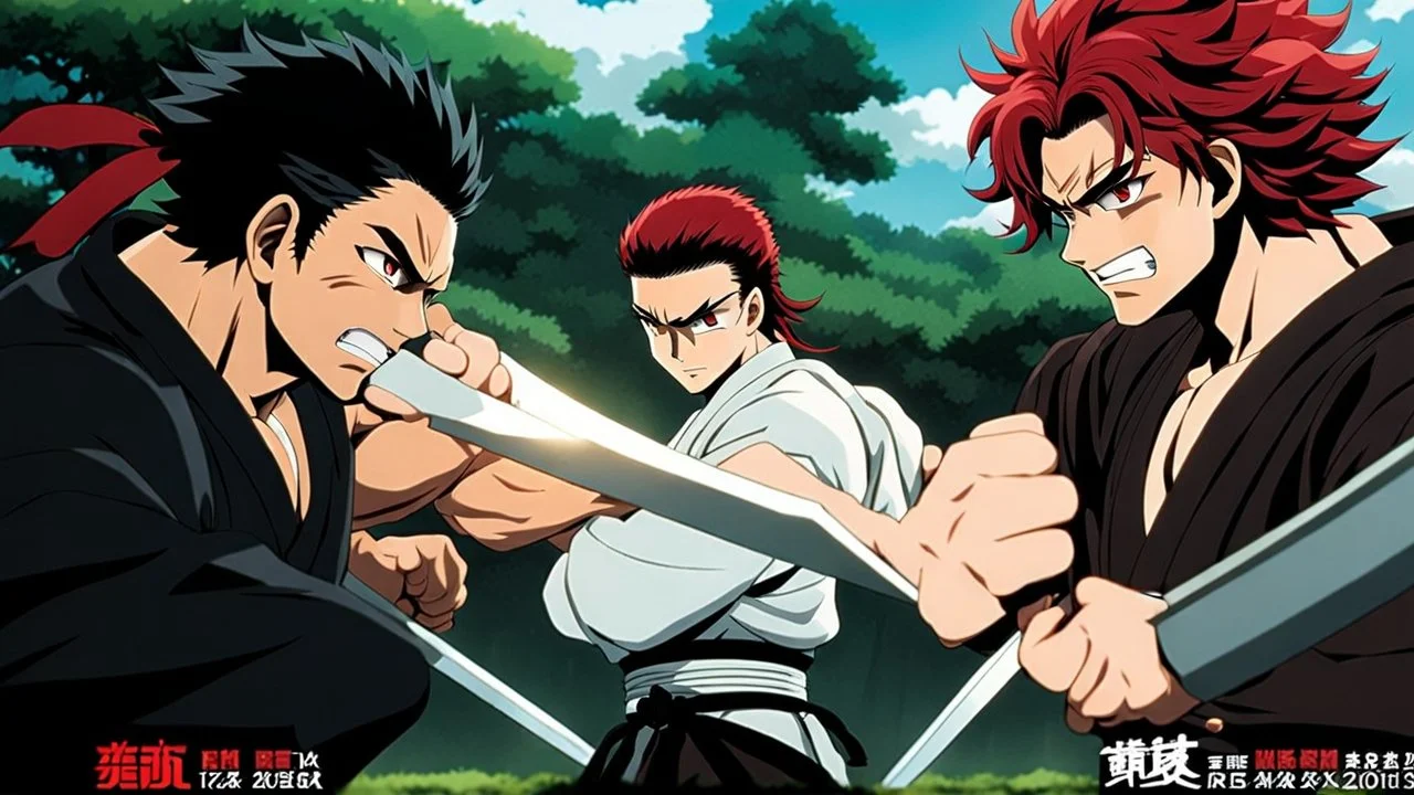 yujiro hanma vs yoriichi tsugukuni, baki vs kimetsu no yaiba, two mans standing in front of each other, a big strong man in black shirt with red hair and evil grin in martial art's stance with bare fists facing a smaller feminine swordsman with long hair and calm face reaching for his sword in traditional japanese clothes both preparing to fight each other