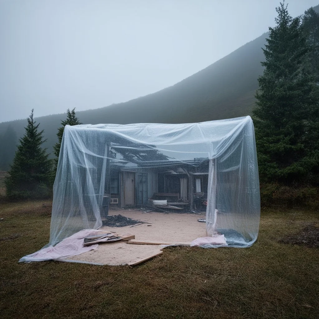 A polaroid photo of an odd room with structures. A transparent tarpaulin covers an image resembling a ruined building. There is a group of fir trees in the background and a high hill in the distance. The surface below is in a pastel color. Fog is present.