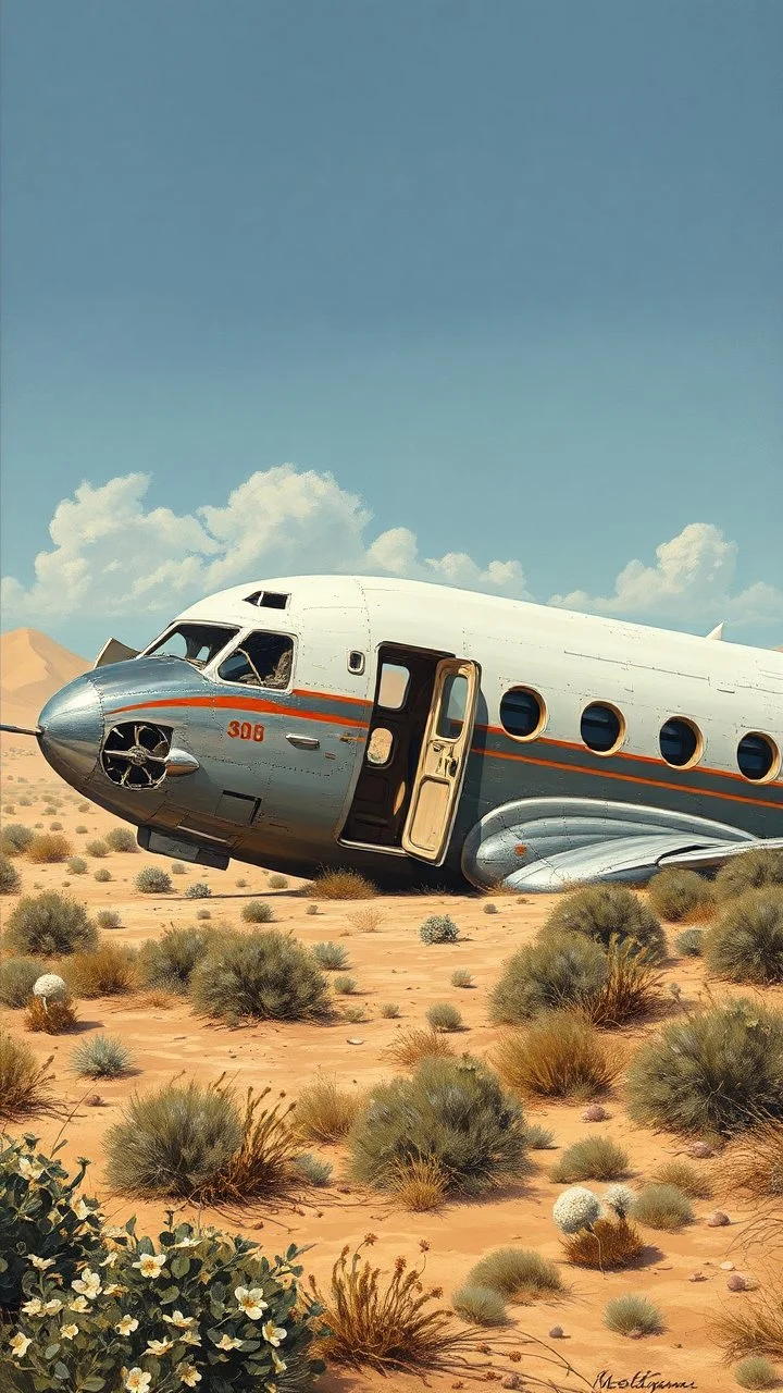 A side view of a1950 commercial airplane with broken glass and doors in front of crashed in realistic desert with sand dunes , in a forgotten battlefield over run by vegetation, cutesy tiktok detailed oil painting, grainy, old style