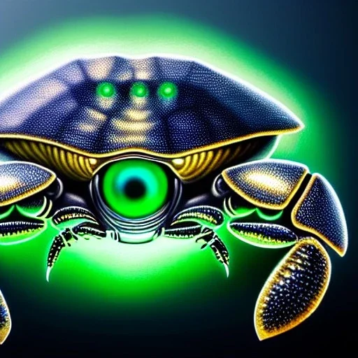 ultra detailed fullbody Drawing of a Cyborg alien metallic Gigantic Silver Crab on the shore ,with glowing Green eyes, extremely detailed digital painting, intrincate, extremely detailed face,crystal clear Big eyes, in the style of Caravaggio , mystical colors , perfectly centered image, perfect composition, rim light, beautiful lighting, 8k, stunning scene, raytracing