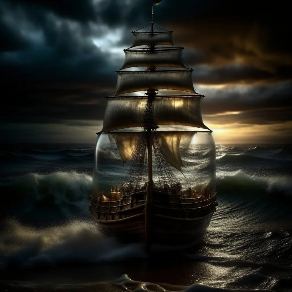 view of turbulent swells of a violent ocean storm, inside a glass bottle on the beach ม dramatic thunderous sky at dusk at center a closeup of large tall pirate ship with sails, breaking light