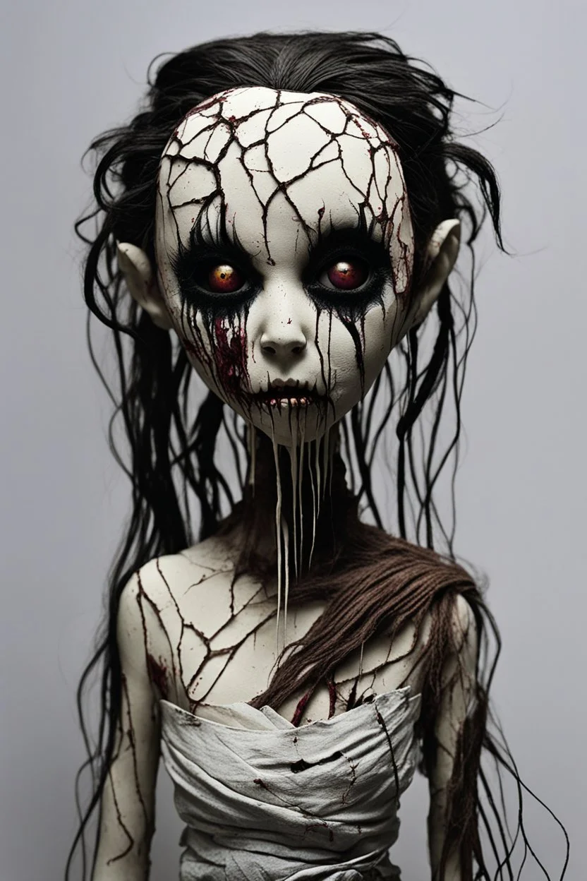 full color, illustration of a dark, menacing, monster girl, as a decayed, broken, crude homemade cloth doll toy, with a narrow cracked porcelain face, thick dark eyebrows, hair made from ragged strips of cloth, in the style of Brom, Alex Pardee, Tim Burton, and Masahiro Ito