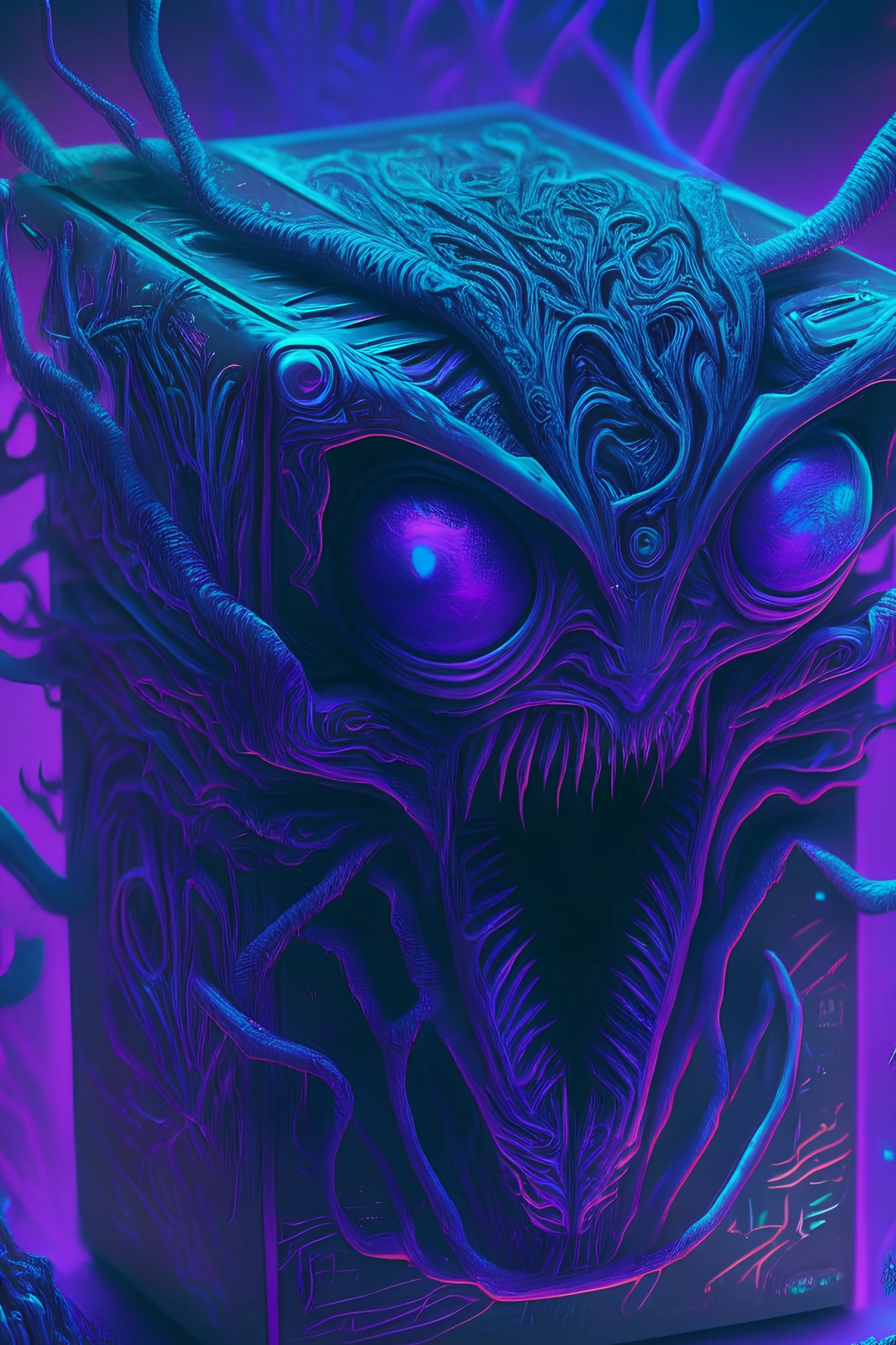 Box alien ,psychedelic, vibrant color scheme, highly detailed, sharp, romanticism, cinematic, concept art, 4k, 8k, trending on art station, purple and blue tones