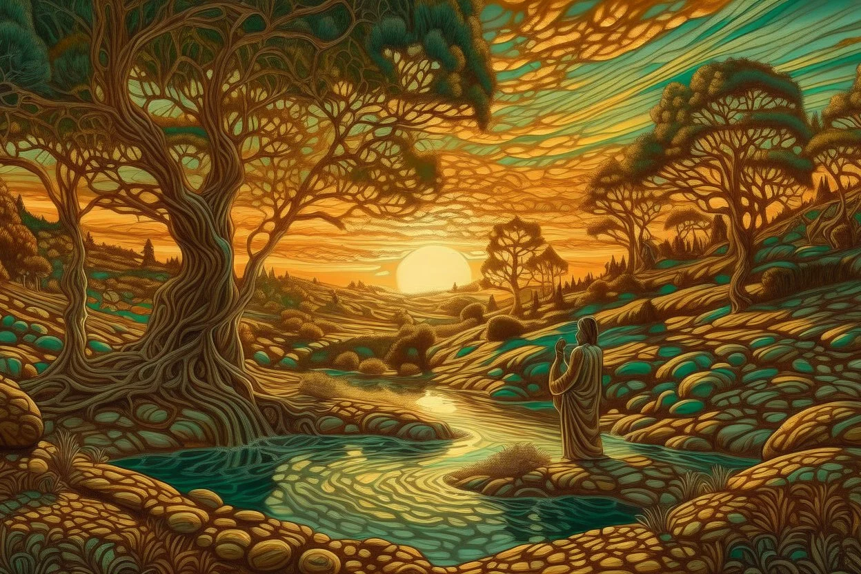 Great landscape, nature at sunset, Paradise Lost, spiritual, surreal, trees, fine art, tan skin, Vincent Van Gogh style, highly detailed, smooth, very sharp focus, illustration, bathing in light, ultra realistic illustration, close-up