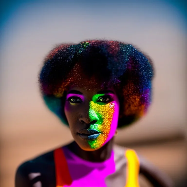 older man, fourty years old, masterpiece, best quality, family of three, ebony skinned, sparkling eyes, fluorescent skin, colorful makeup, afro, highly detailed body, afrofuturism, scifi, sun light, 4K, RAW, depth of field, high contrast, realistic details, 24mm