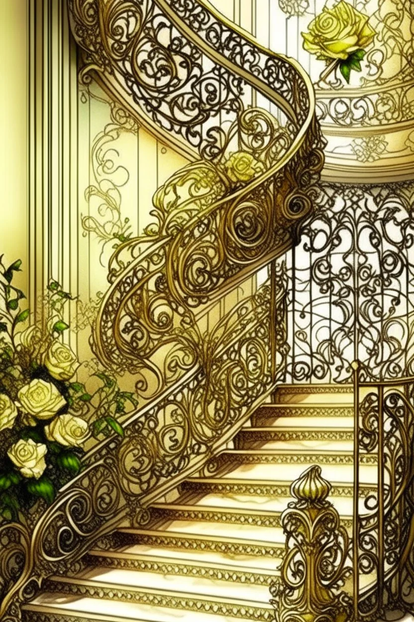 78. MAGIC, Staircase grotesque delicate filigree antiquity ivory watercolor openwork staircase cream roses, wild grapes, golden rococo filigree, botanical art, fairy-tale house magic balconies ink, sharp contrast, thin contour with white wire, anisotropic filtration, digital art,HDR,K.A.&art10.23, 5d, high detail, aesthetically pleasing, beautiful, realistic, high resolution