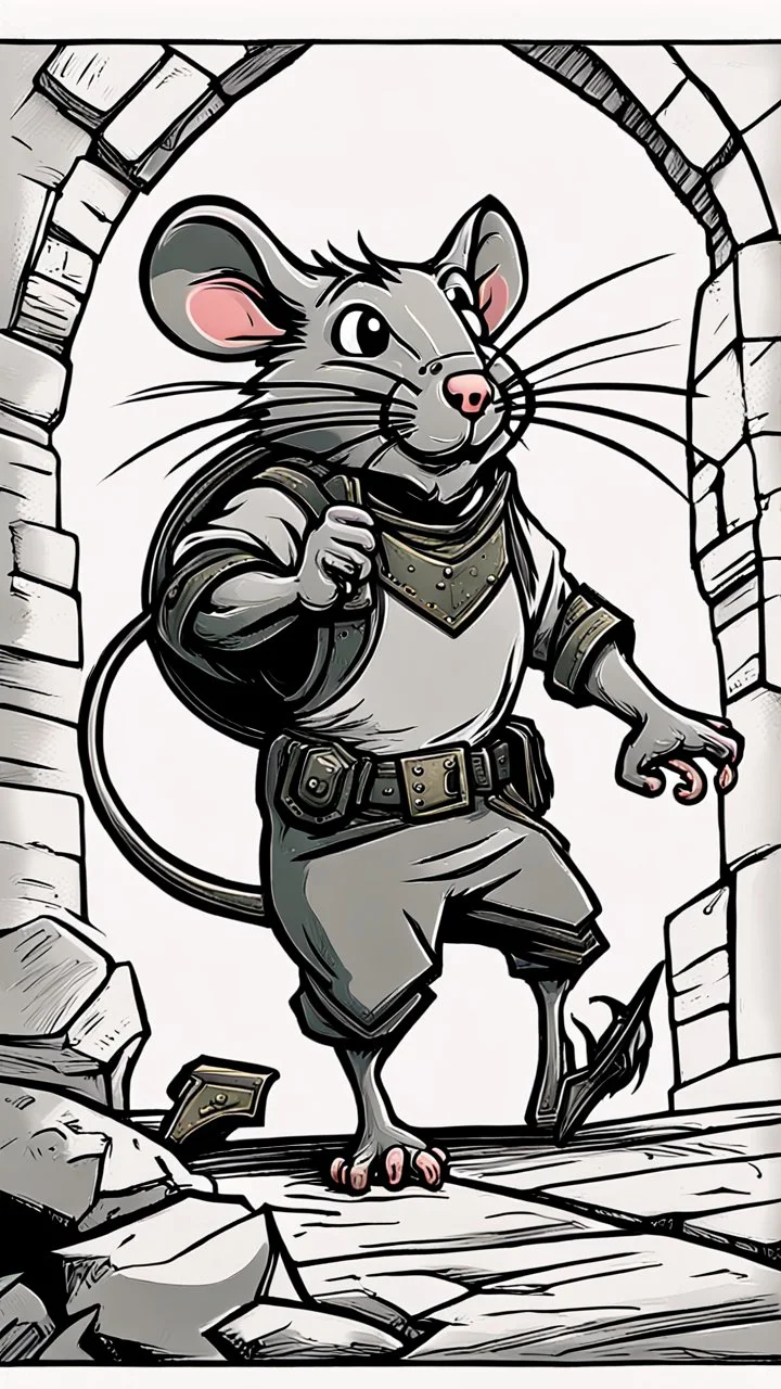 Shield Bash: "A cartoon rat with a tiny shield, pushing back an enemy, exaggerated motion, whimsical dungeon setting, fantasy illustration, vibrant and playful style."