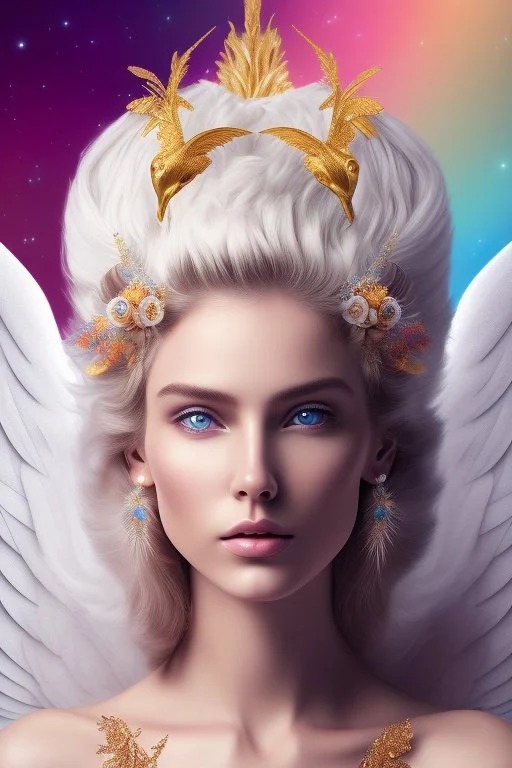 Flower, angel man, (detailed face )++, (detailed blue eyes)++ (long blond hair)++(pectoro visible)++(smile)++, , (two feathered wings on his shoulder blades)++, beautiful place, incredible, cosmic, colours, planet, gold, realistic, real photo, stars at night, detailed, high contrast, 8k high definition, unreal engine 5, extremely sharp details, (lighting effect, light background)++.