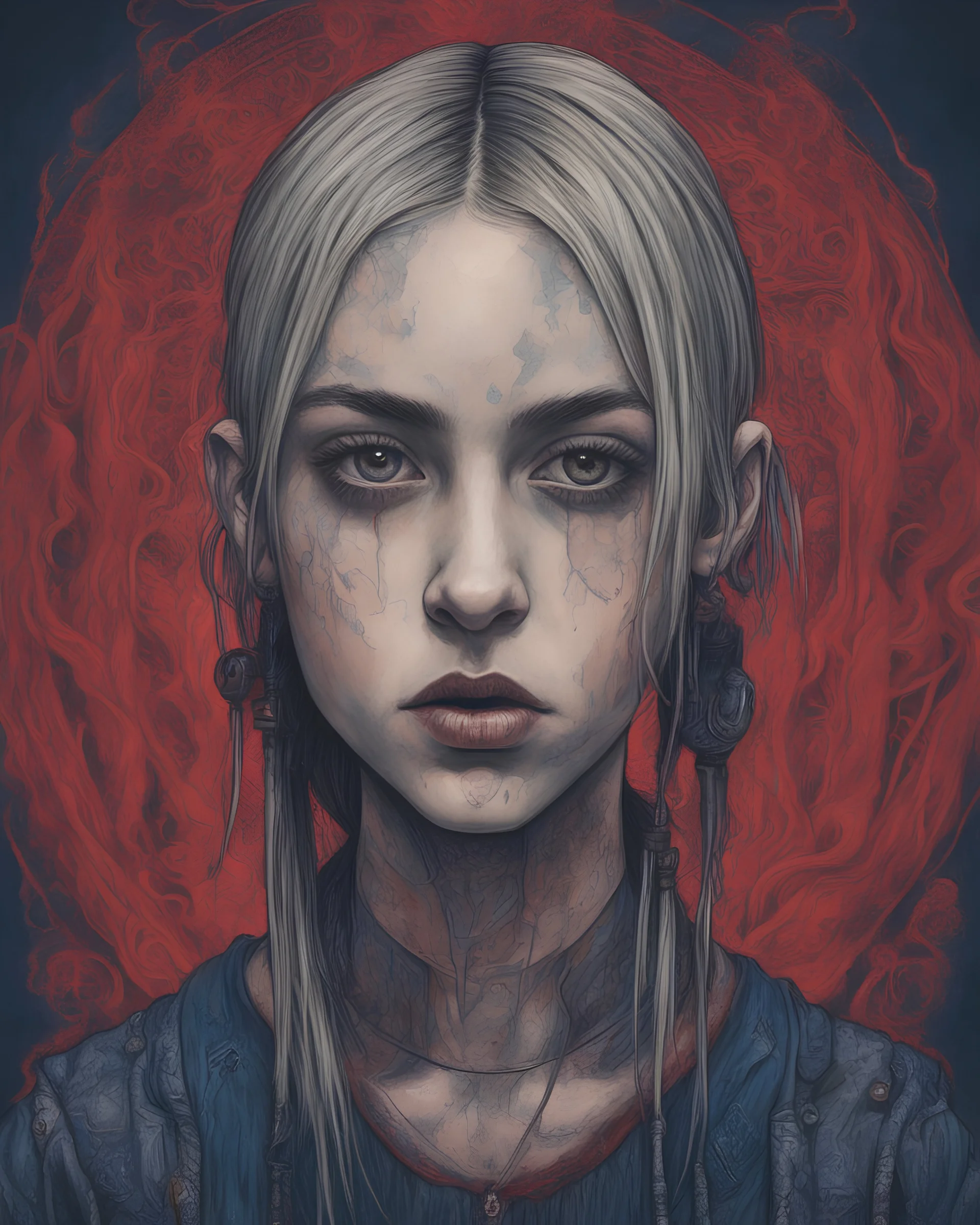 A portrait of a Singer Danish MØ face, cyberpunk, symmetry, hyperdetailed, painting by John Kenn Mortensen, darkblue and darkred tones,