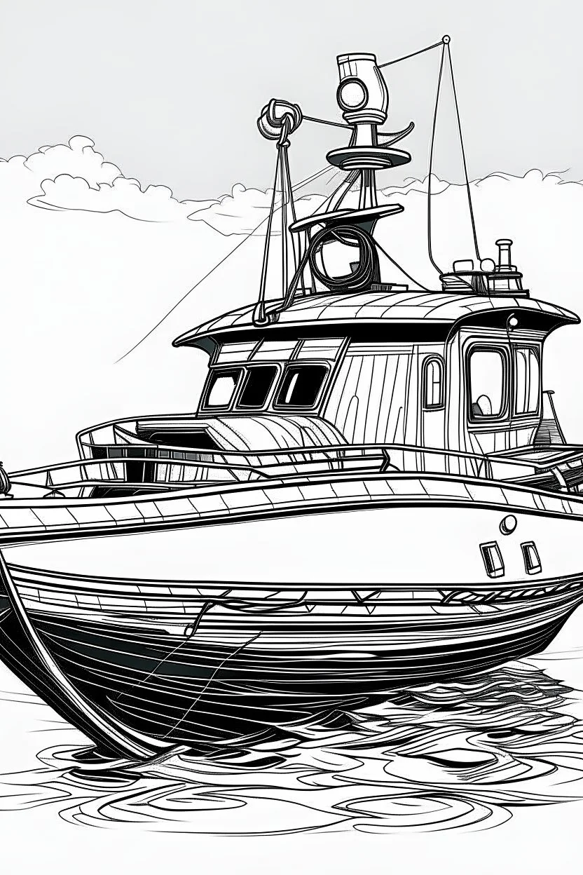 Outline art, no shading, boat vehicle full body, cartoon style, black and white, low detail, --ar 9:11