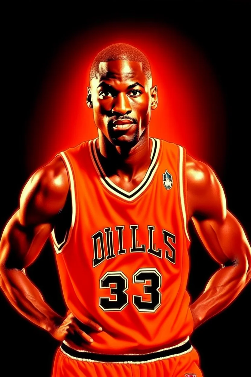 michael jordan with orange jersey, realistic photo