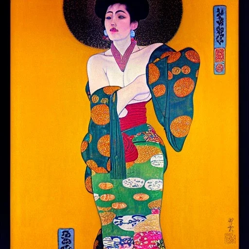 Retrato de cuerpo entero una Gheisha vestida con kimono muy guapa y voluptuosa con el estilo de Gustav Klimt