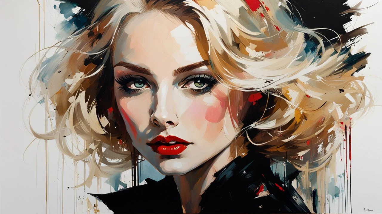 Blonde Pale Thin well endowed Scandinavian Woman 24yo, Big Eyes, red lipstick, Long Eyelashes And Eye Shadow smiling, wearing a black dress, femme fatale :: by Robert McGinnis + Jeremy Mann + Carne Griffiths + Leonid Afremov, black canvas, clear outlining, detailed