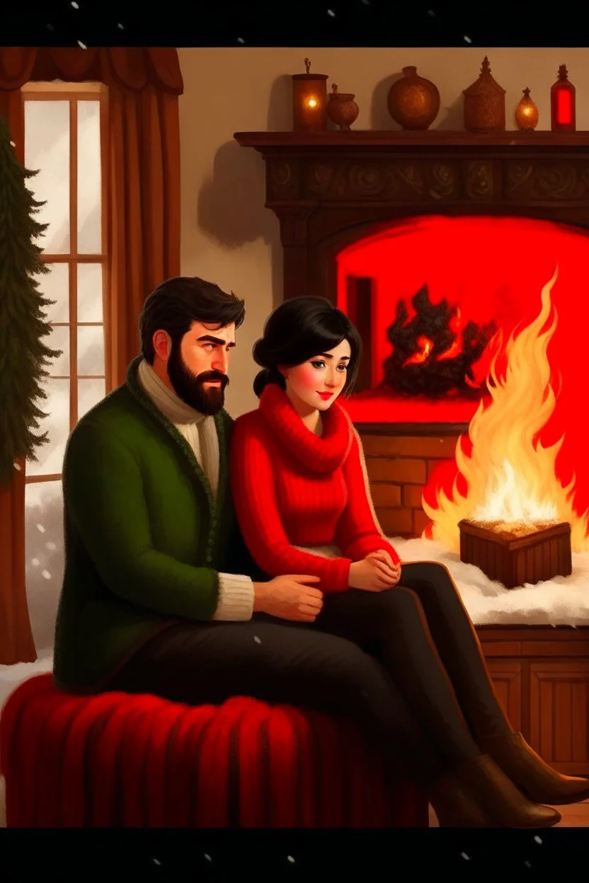 Fire place Christmas scene, dark haired couple, man with short black beard, blue eyes, sketch