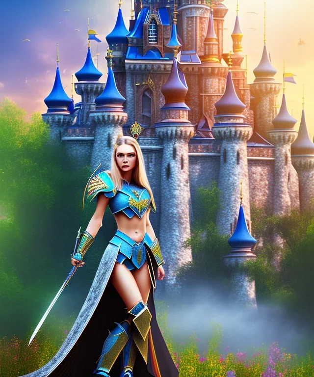 happiness world, castle background, warrior princess in front, portrait